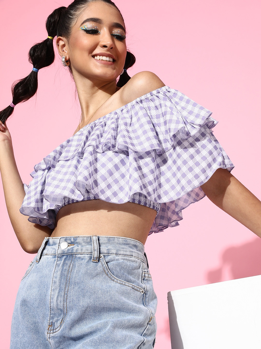 

KASSUALLY Women Elegant Purple Checked Summer Gingham Top