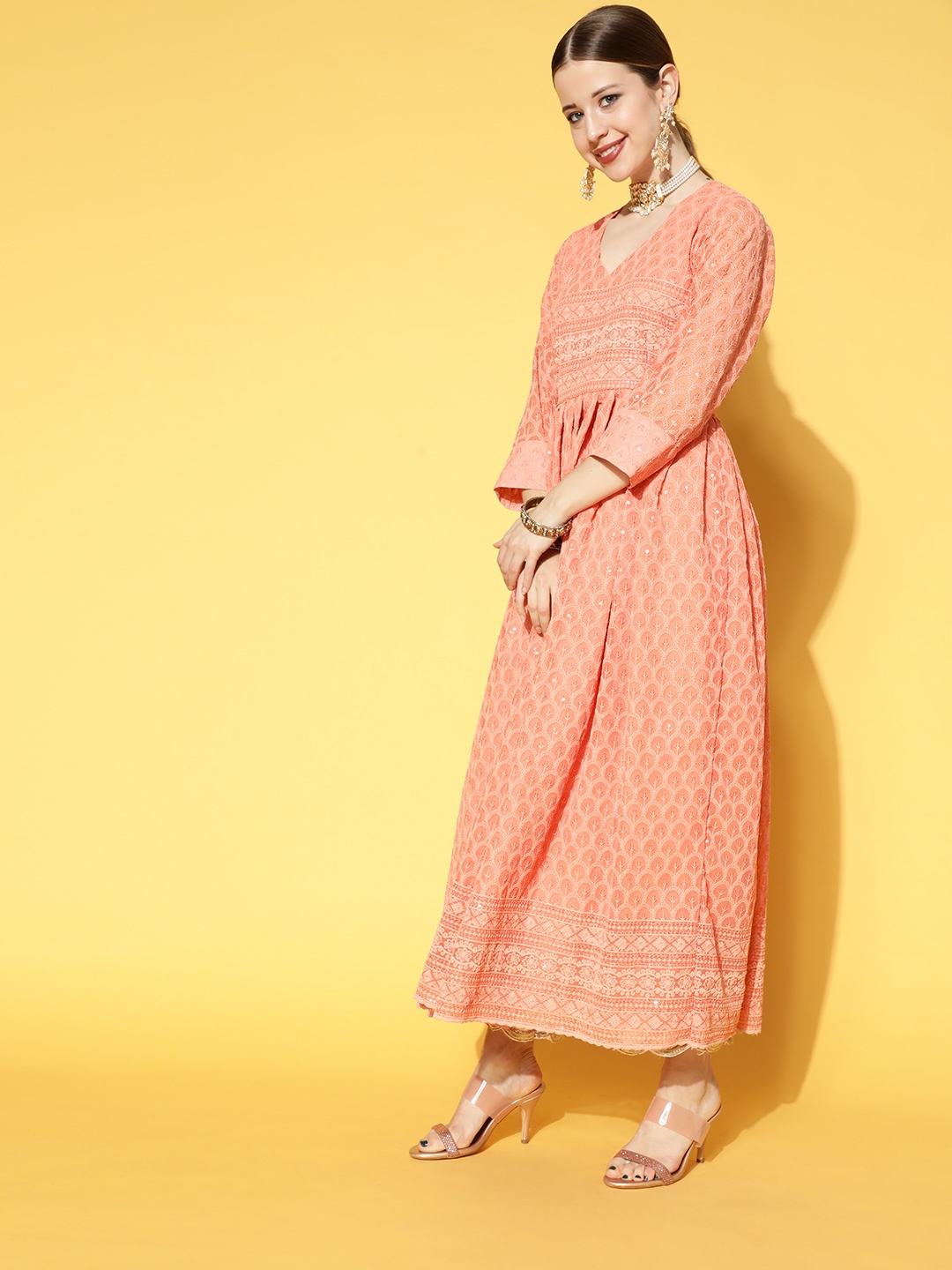 

InWeave Women Peach-Coloured Sequinned Chikankari Embroidered Anarkali Kurta with Stole