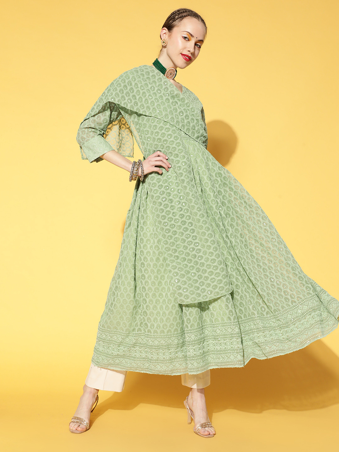 

InWeave Women Green Chikankari Embroidered Sequinned Georgette Anarkali Kurta & Stole