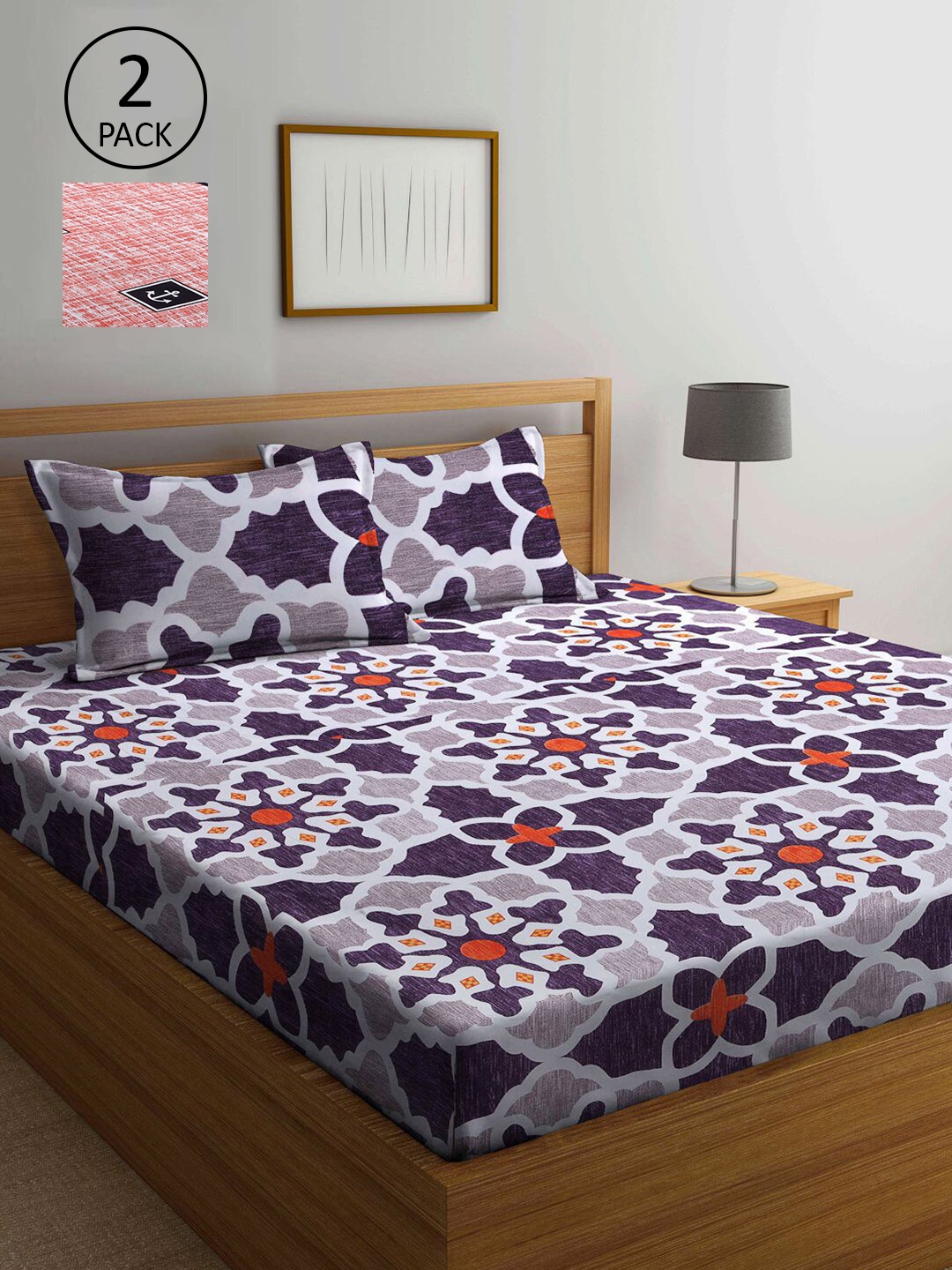 

KLOTTHE White & Purple Ethnic Motifs 210 TC 2 King Bedsheet with 4 Pillow Covers