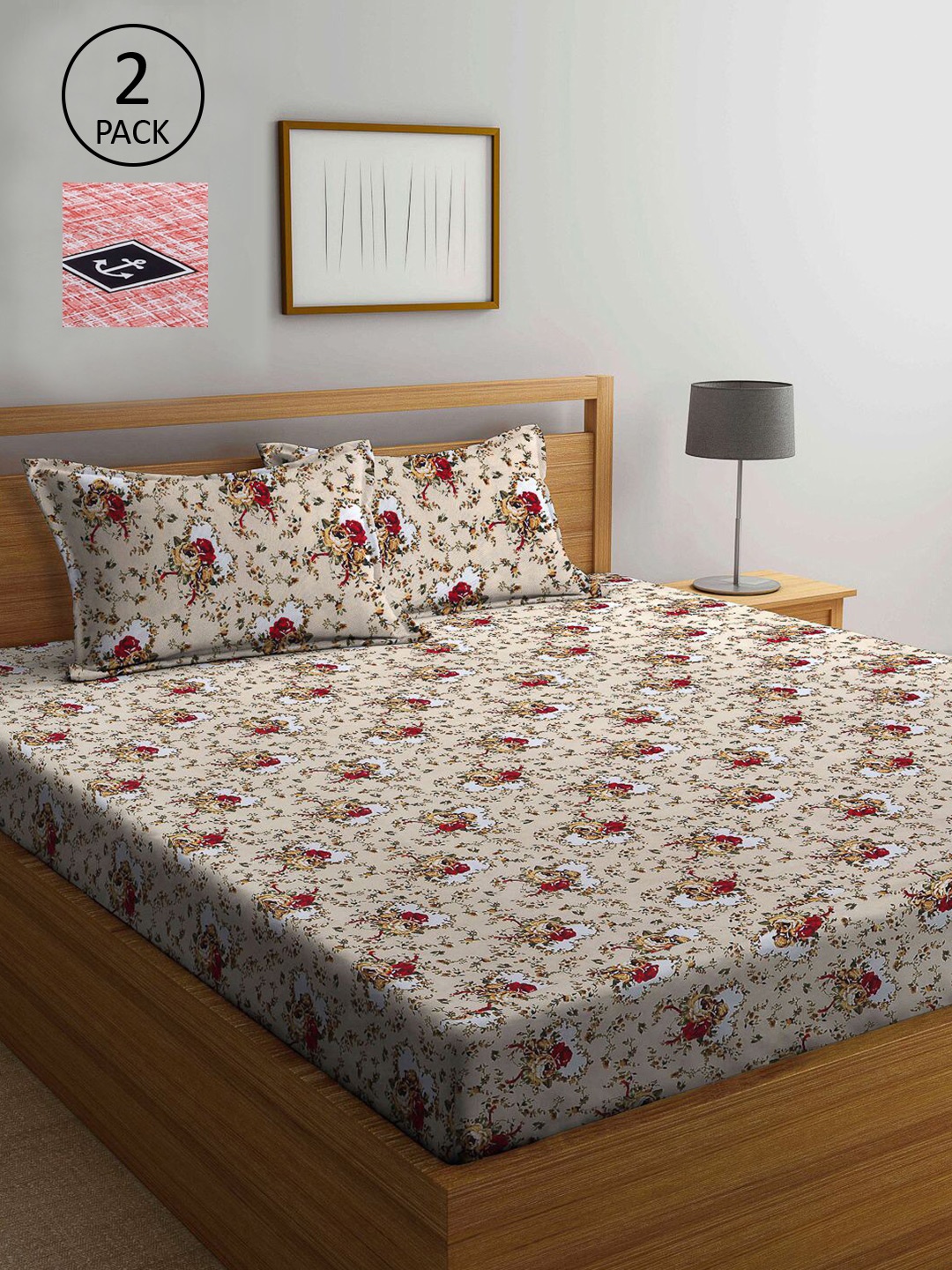 

KLOTTHE Beige & Red Floral 210 TC 2 King Bedsheet with 4 Pillow Covers