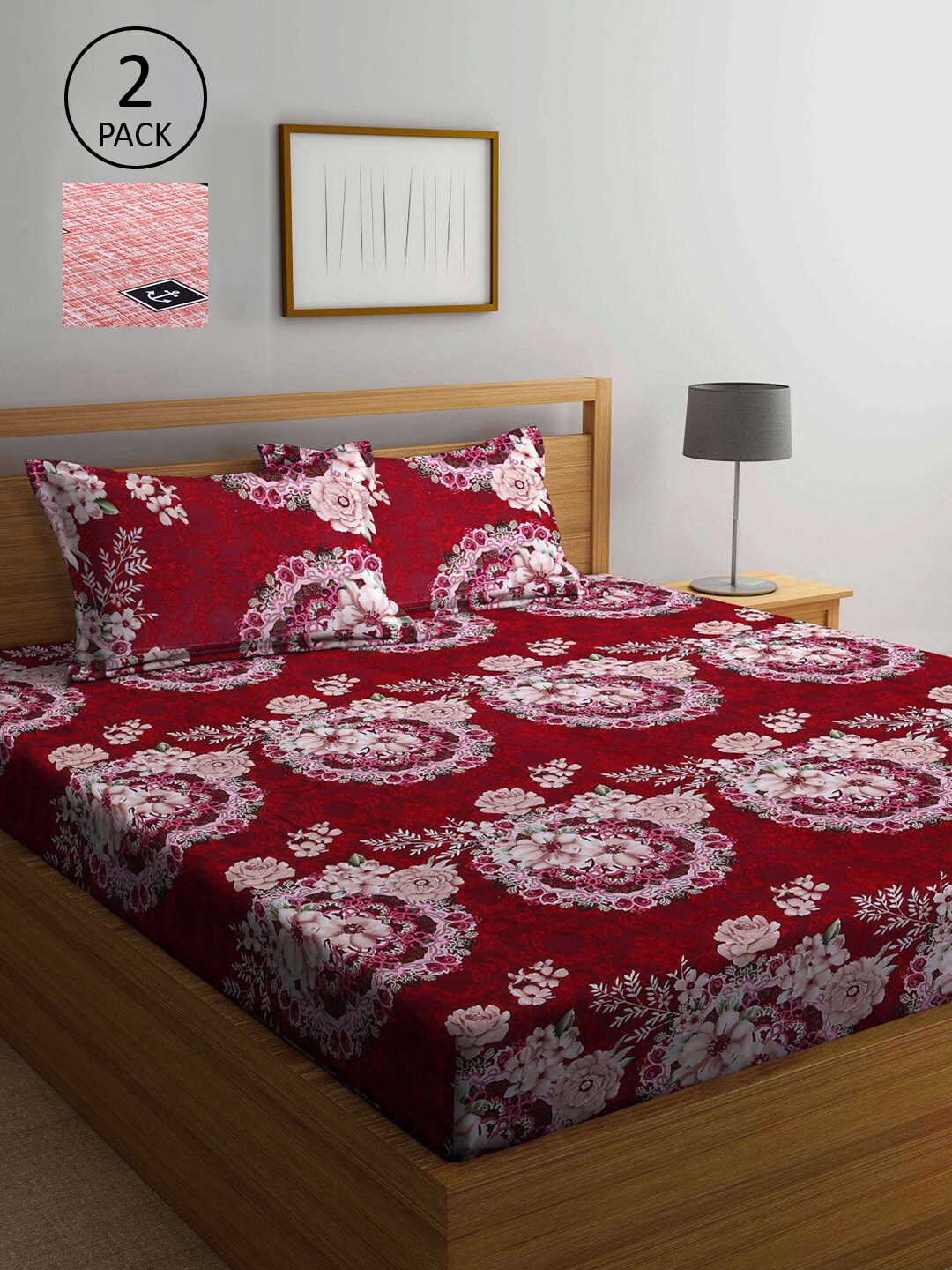 

KLOTTHE Pack Of 2 Maroon & White 210 TC Floral Double Bedsheet With 4 Pillow Covers