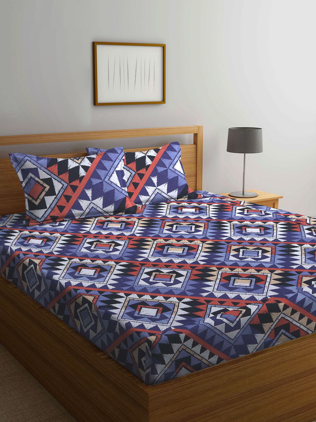 

KLOTTHE Set Of 2 Red & Blue Geometric 210 TC King Bedsheet with 4 Pillow Covers