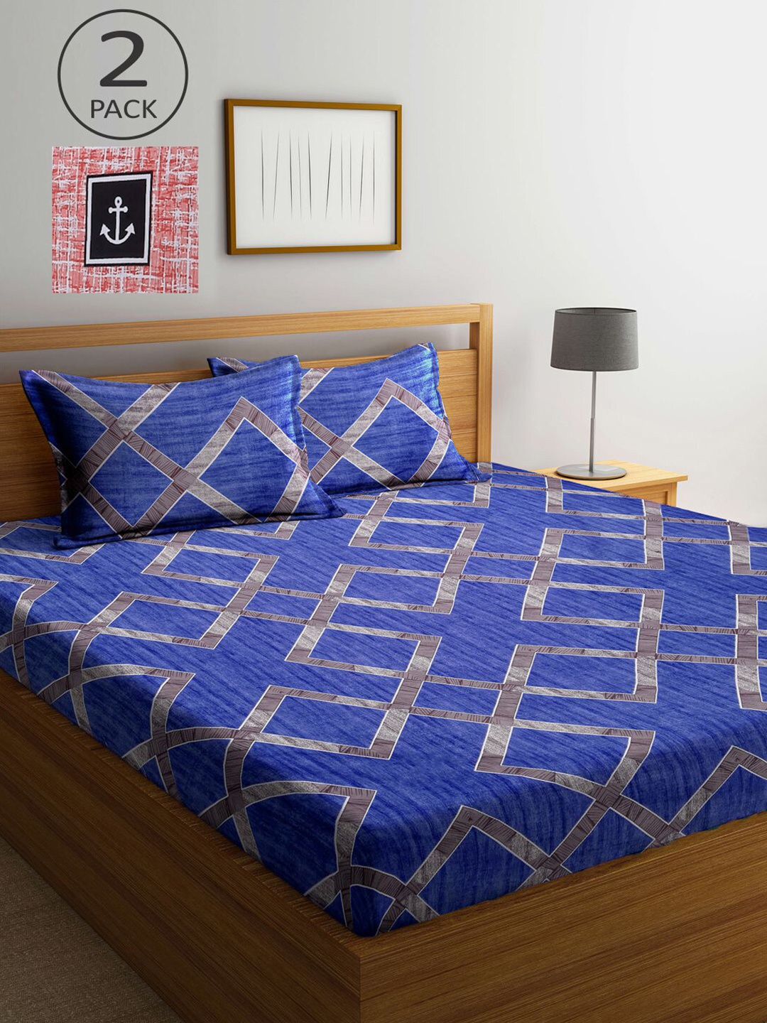 

KLOTTHE Pack Of 2 Blue & Red 210 TC Geometric Double Bedsheet With 4 Pillow Covers