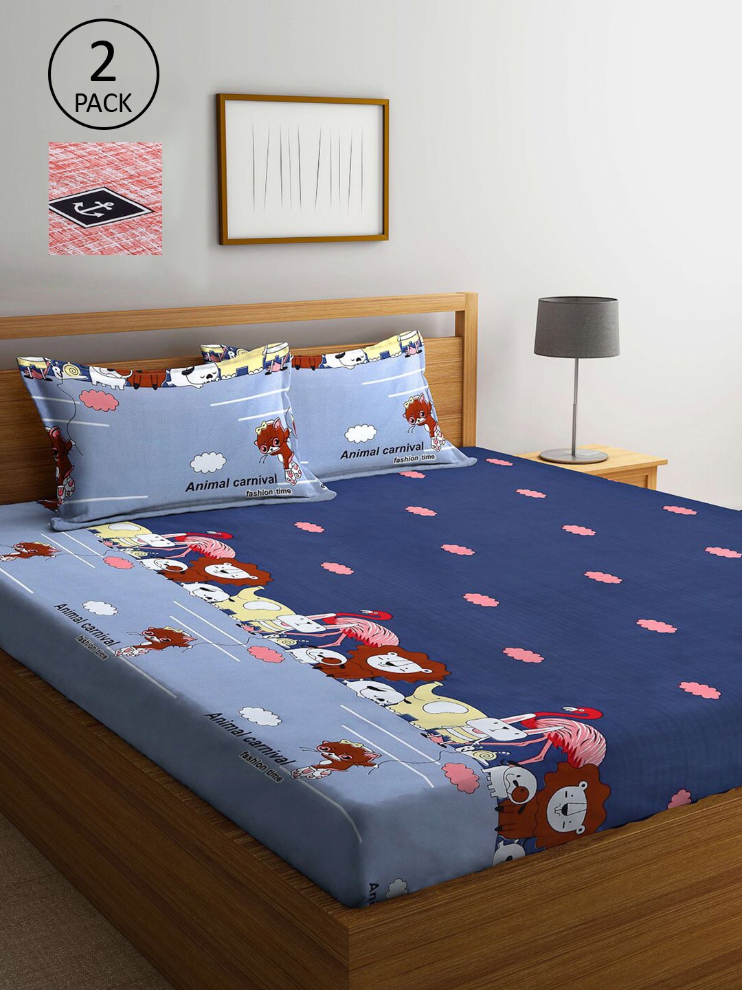 

KLOTTHE Blue & Red Cartoon Characters 210 TC 2 King Bedsheet with 4 Pillow Covers