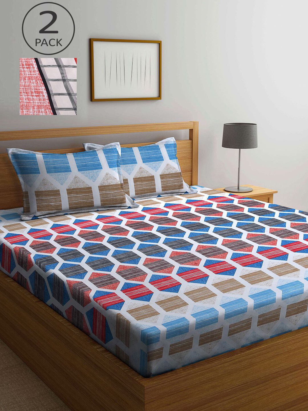 

KLOTTHE Blue & Red Geometric 210 TC Set Of 2 King Bedsheet with 4 Pillow Covers