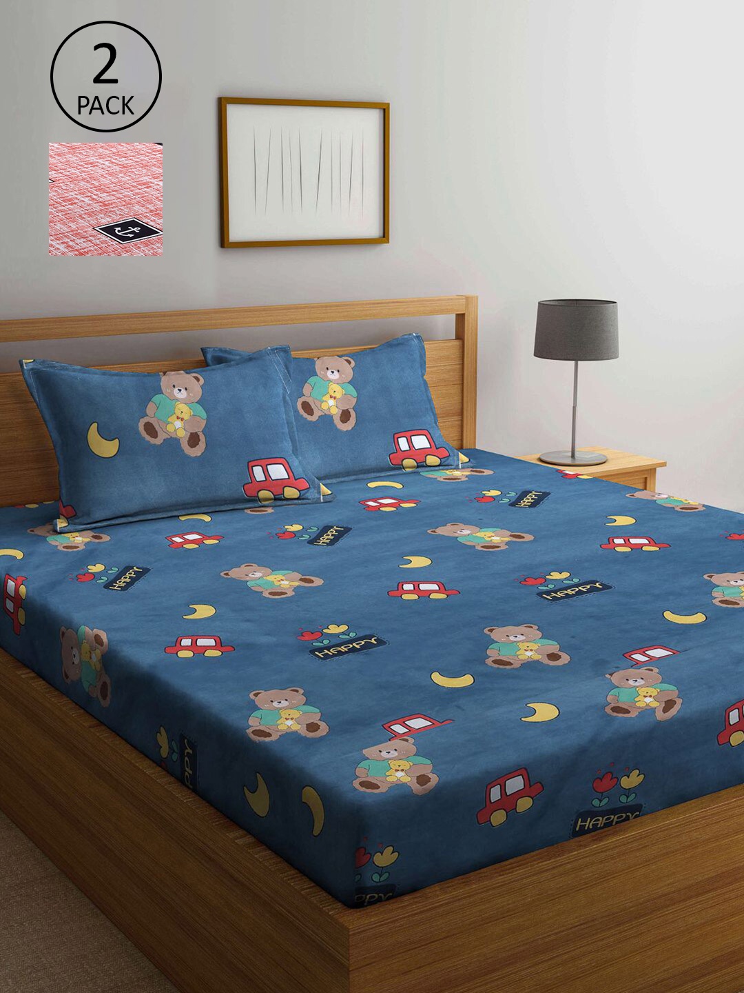 

KLOTTHE Blue & Red Cartoon Characters 210 TC 2 King Bedsheet with 4 Pillow Covers