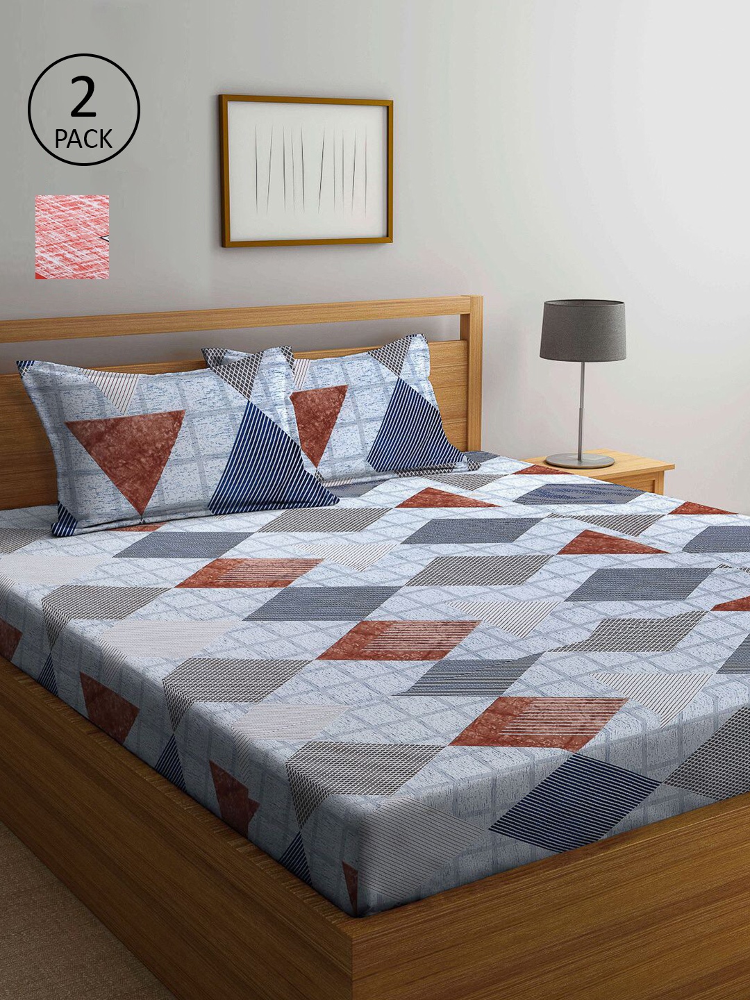 

KLOTTHE Blue & Pink Geometric 210 TC 2 King Bedsheet with 4 Pillow Covers
