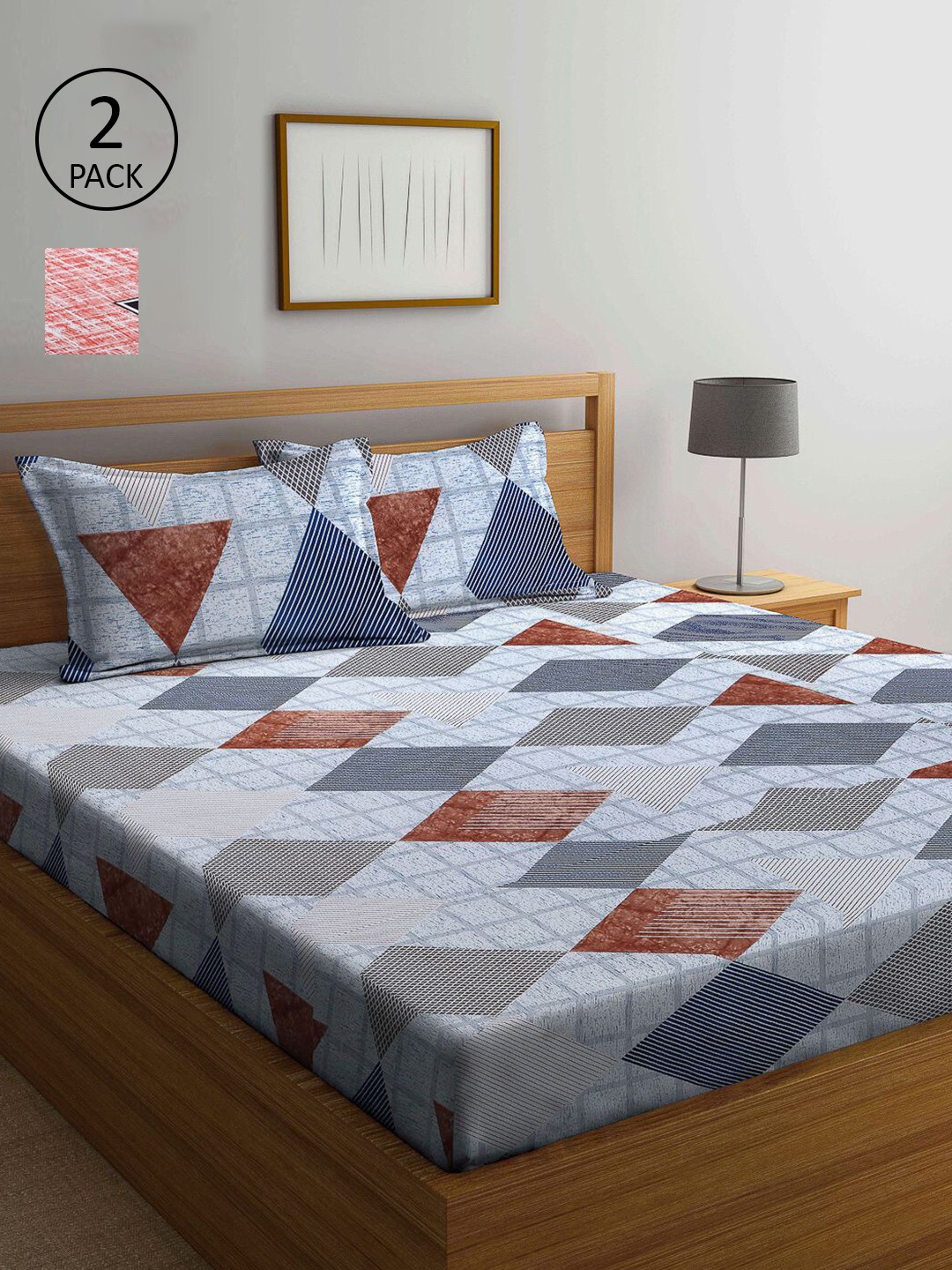 

KLOTTHE Red & Grey Geometric 210 TC 2 King Bedsheet with 4 Pillow Covers