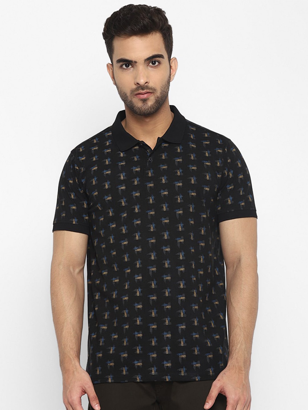 

Red Chief Men Black & Blue Printed Polo Collar Cotton T-shirt