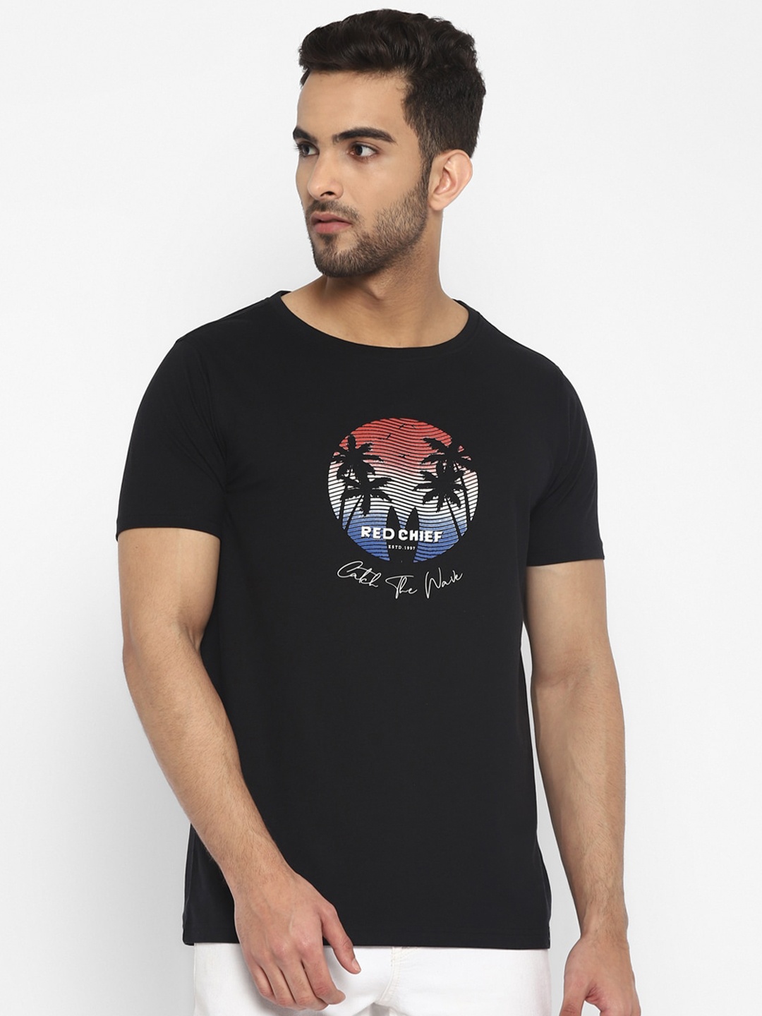 

Red Chief Men Black & Red Printed Tropical Cotton T-shirt