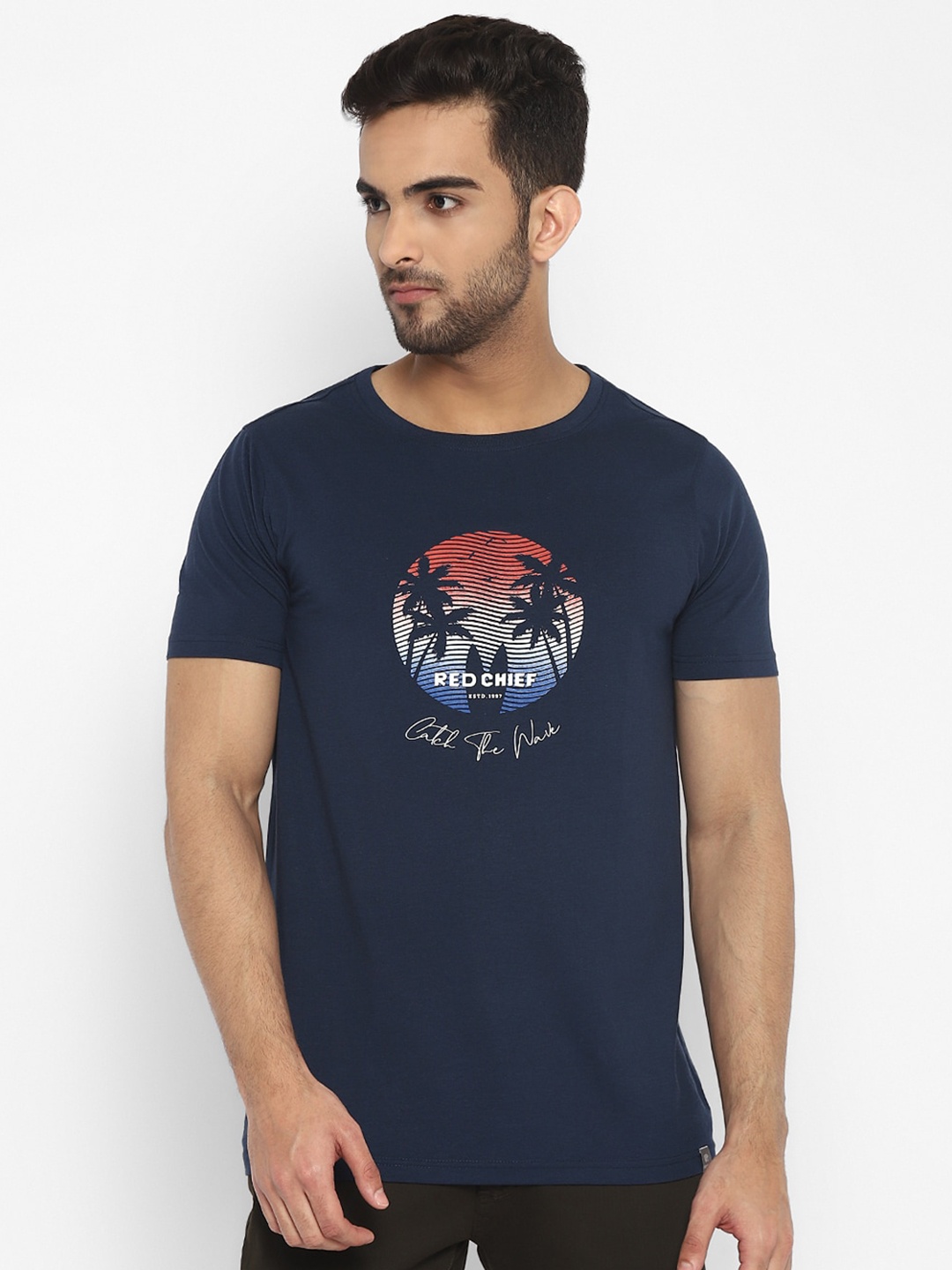 

Red Chief Men Navy Blue Printed Cotton T-shirt