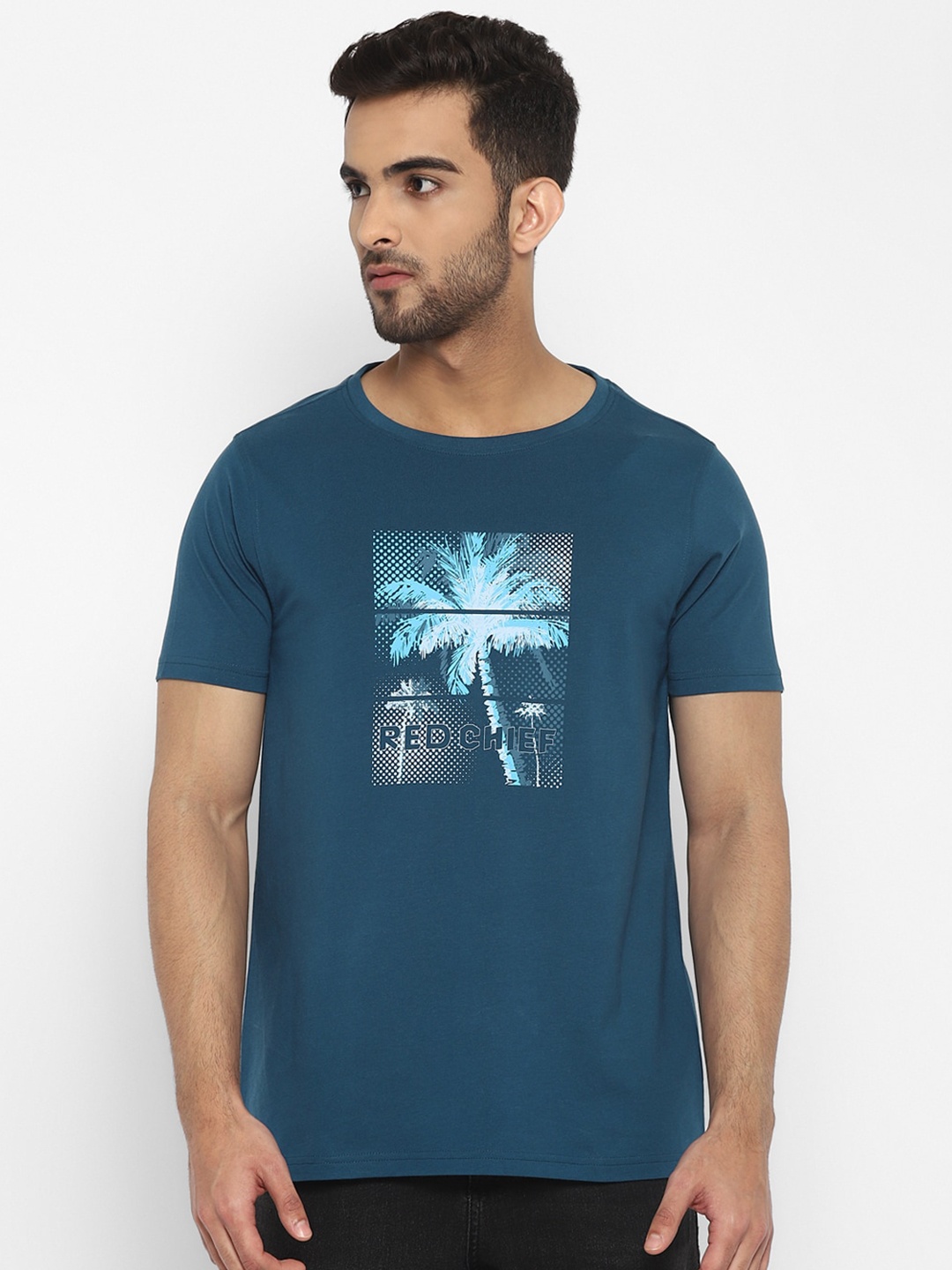 

Red Chief Men Turquoise Blue & White Printed Round Neck Cotton T-shirt