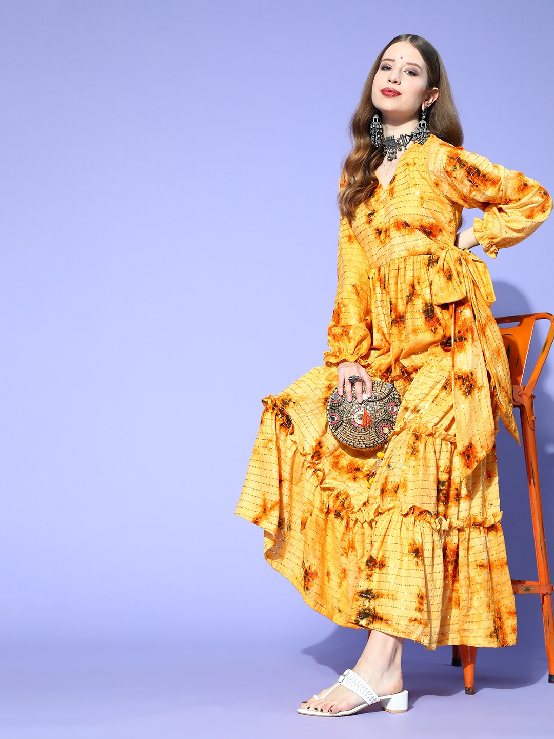 

InWeave Mustard Yellow & Olive Green Dyed Tiered & Ruffled Maxi Wrap Dress with Tie-Ups