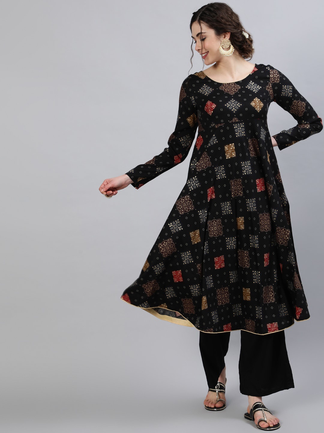 

saubhagya Women Black & Brown Bandhani Printed Anarkali Kurta
