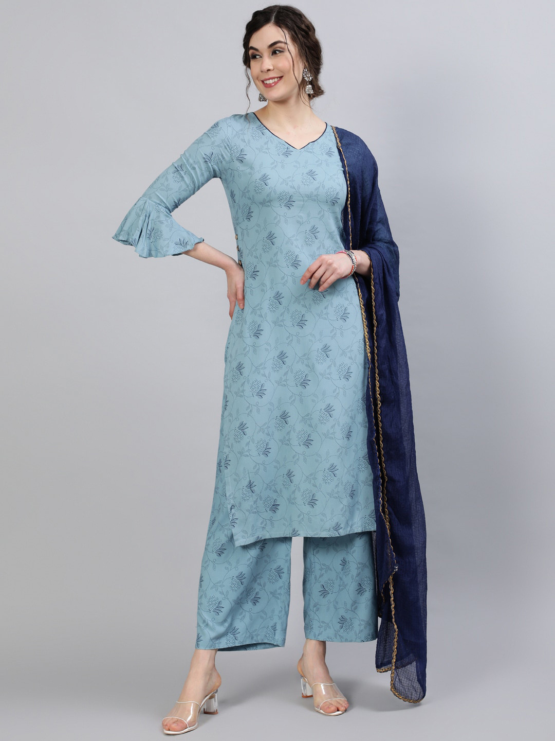 

saubhagya Women Blue Floral Printed Kurti with Palazzos & With Dupatta