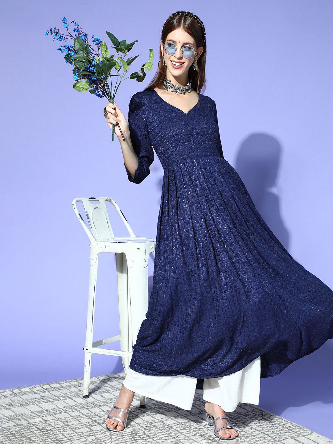 

InWeave Deep Navy Blue Viscose Rayon Swirling Volume Kurta