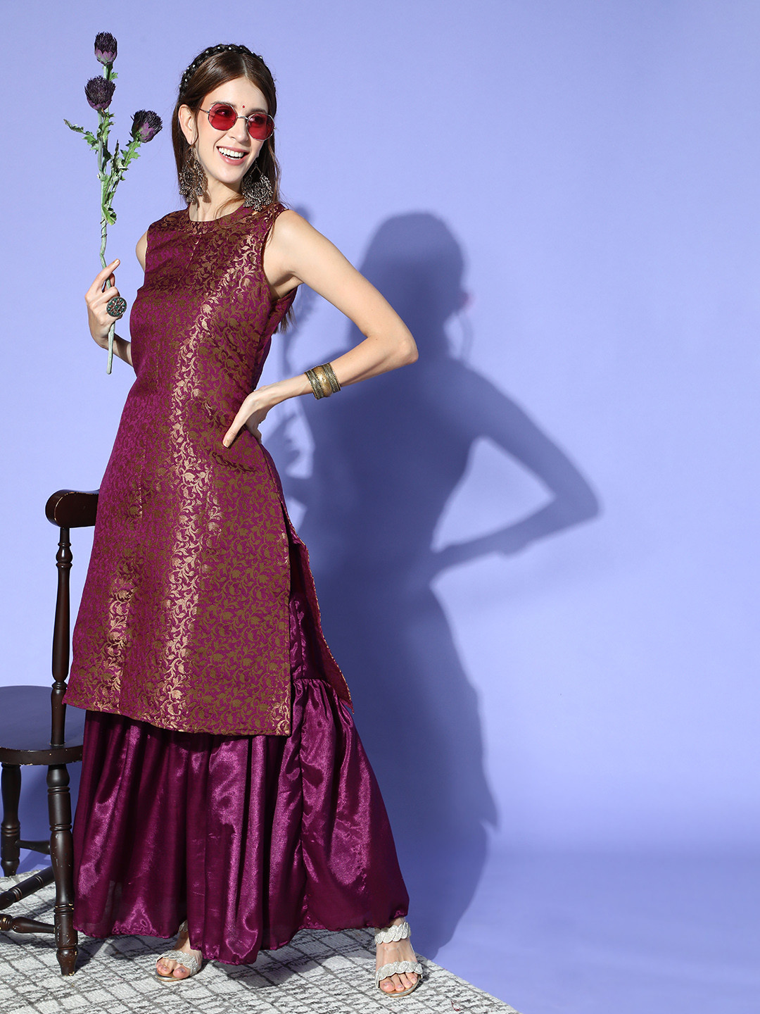 

InWeave Ethnic Motifs Silk Blend Banarasi Brocade Kurta Set, Magenta