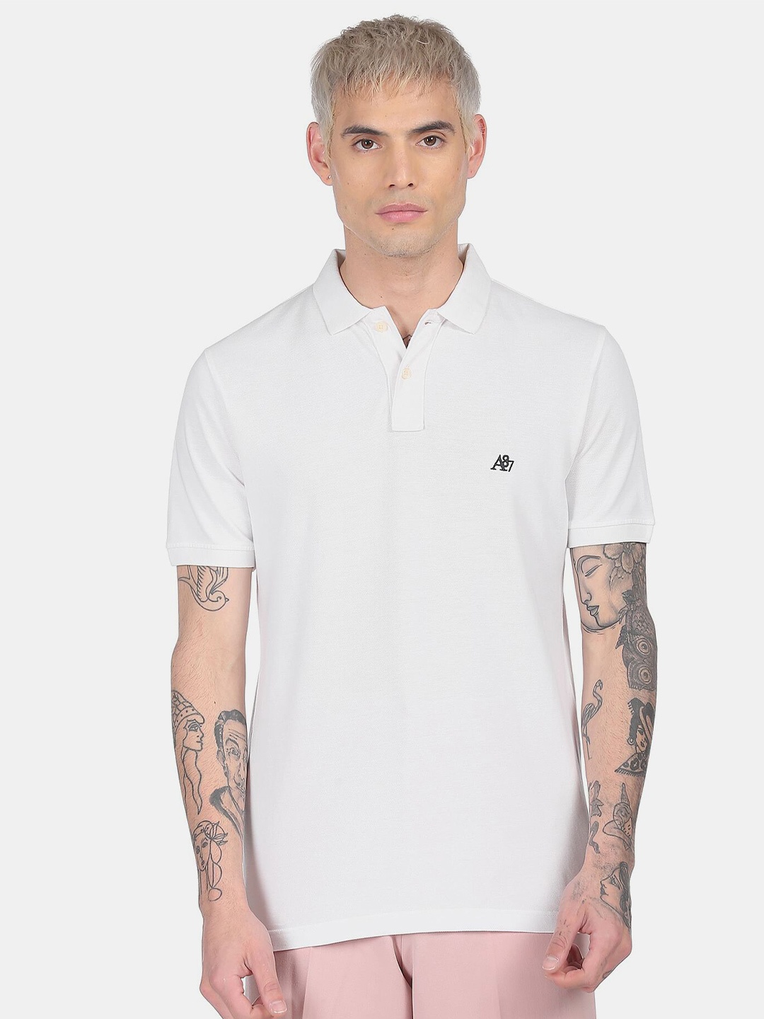 

Aeropostale Men White Polo Collar Cotton T-shirt