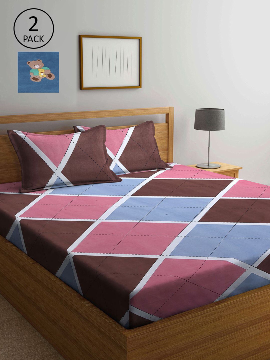 

KLOTTHE Blue & Pink Geometric 210 TC 2 King Bedsheet with 4 Pillow Covers