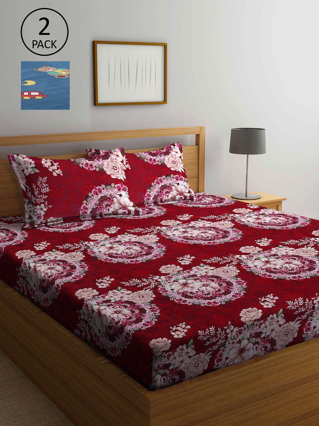 

KLOTTHE Red & Blue Floral 210 TC Set Of 2 King Bedsheet with 4 Pillow Covers