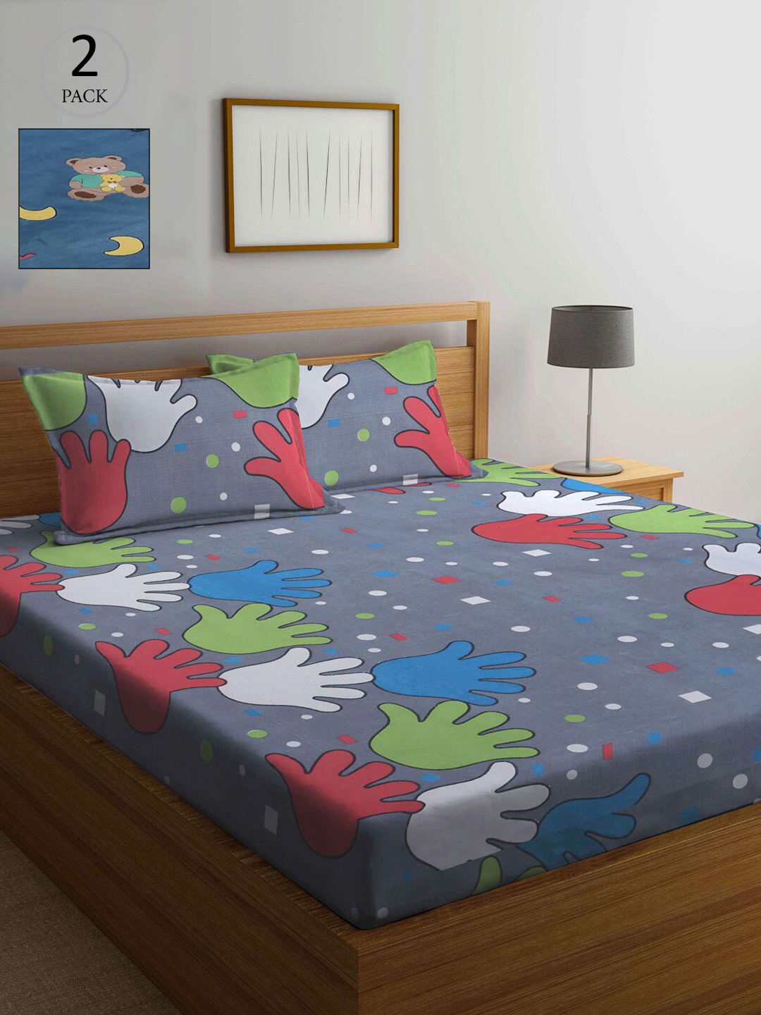 

KLOTTHE Blue & Grey Cartoon Characters 210 TC Set Of 2 King Bedsheet with 4 Pillow Covers