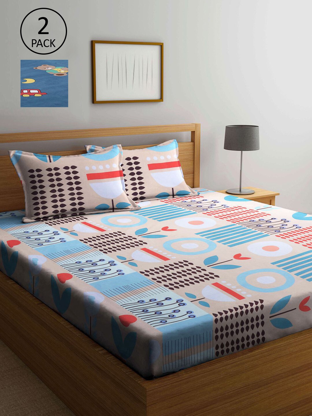 

KLOTTHE Set Of 2 Printed 210 TC King Bedsheet with 4 Pillow Covers, Beige