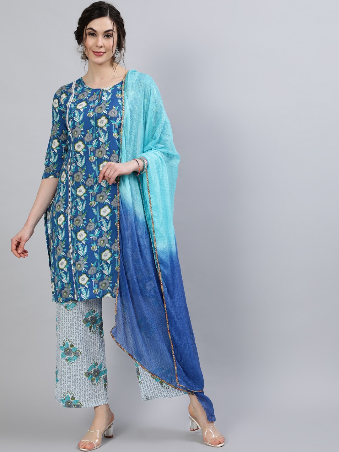 

saubhagya Women Blue Floral Printed Kurti Set With Dupatta