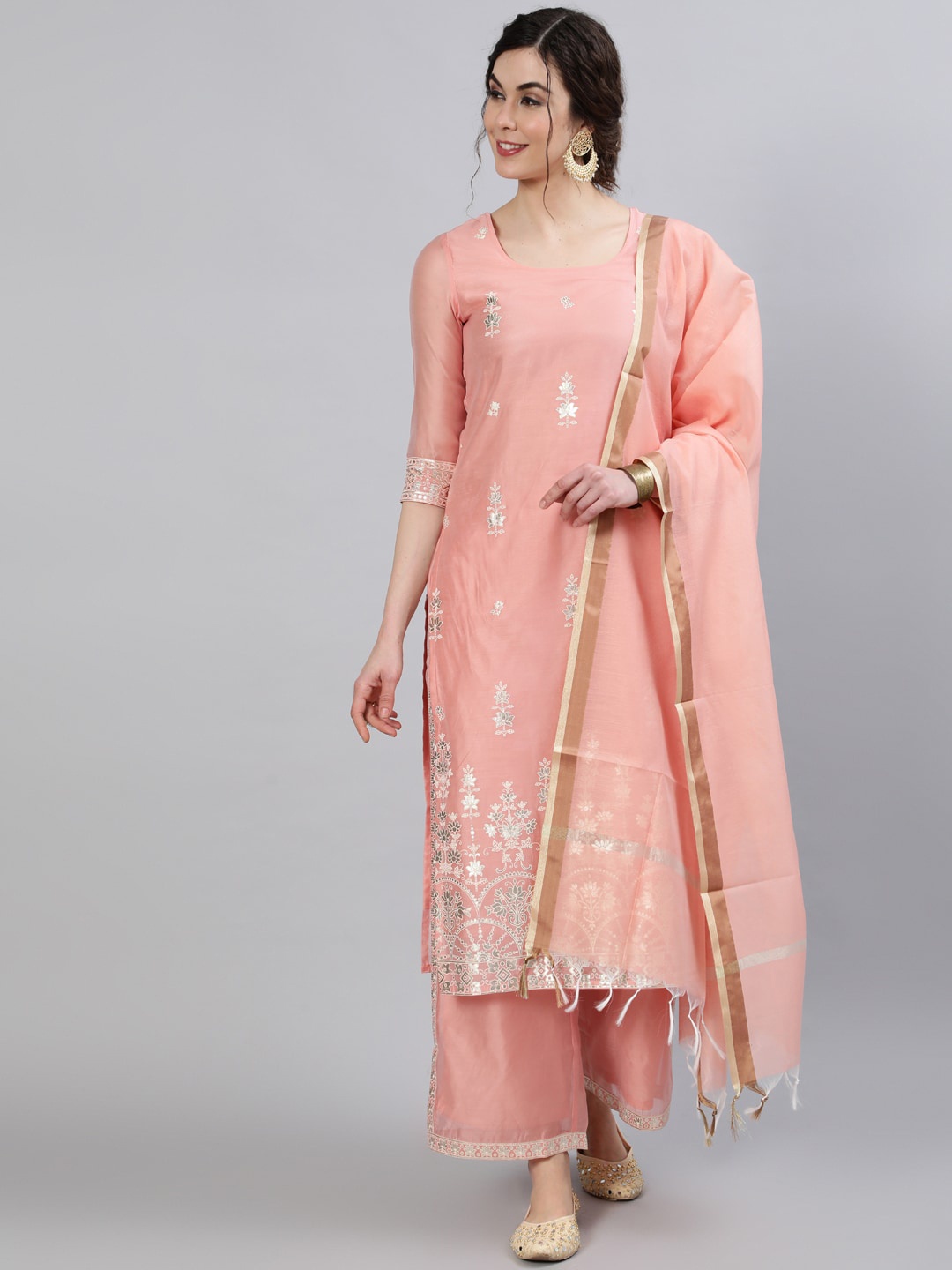 

saubhagya Women Peach-Coloured Ethnic Motifs Printed Kurta with Palazzos & With Dupatta