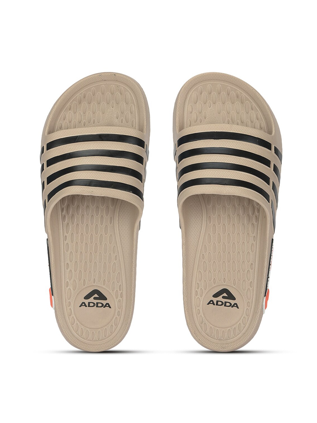 

Adda Men Beige & Black Striped Rubber Sliders