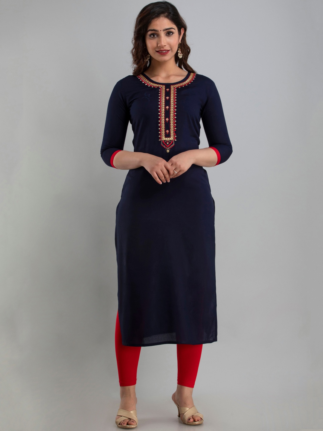 

FASHION DEPTH Women Blue & Red Floral Embroidered Mirror Work Kurta