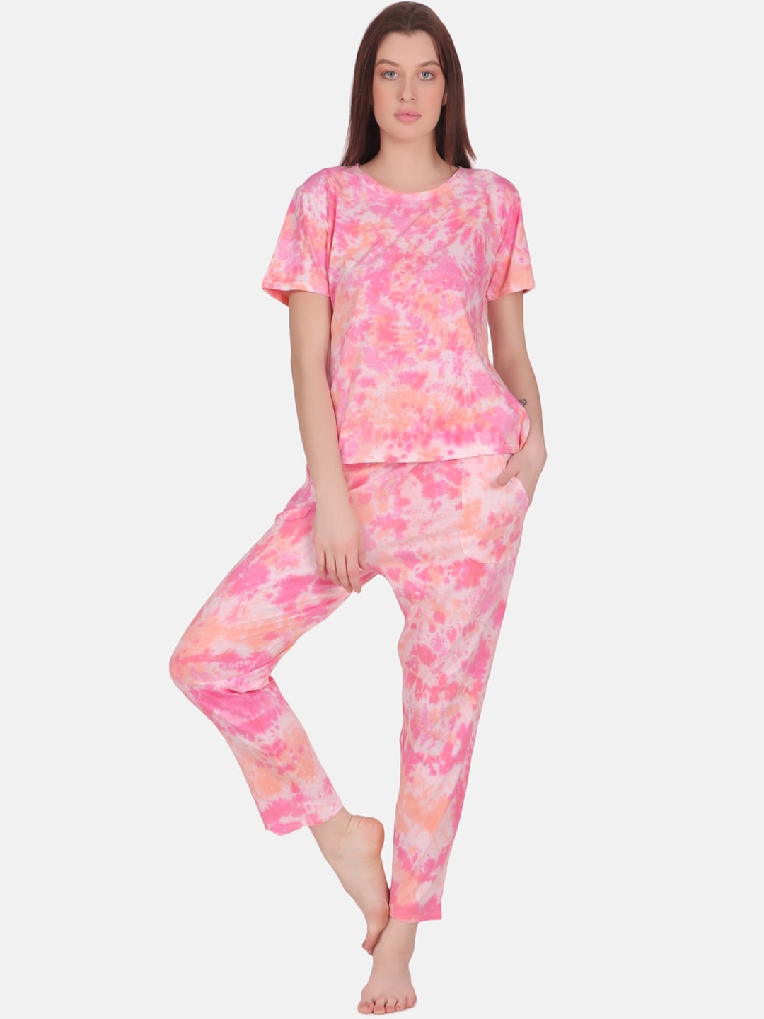 

Masha Women Peach-Coloured & Pink Tie-Dye Print Pure Cotton Night suit