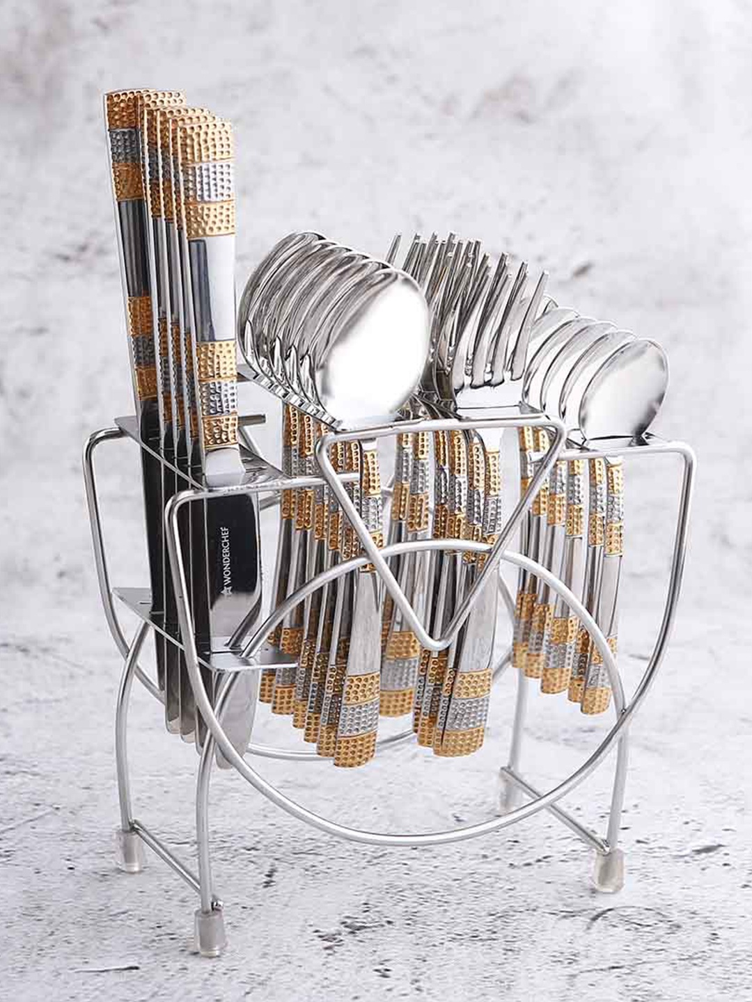 

Wonderchef Set Of 24 Gold-Toned & Steel Stainless Steel Glossy Cutlery Set With Stand
