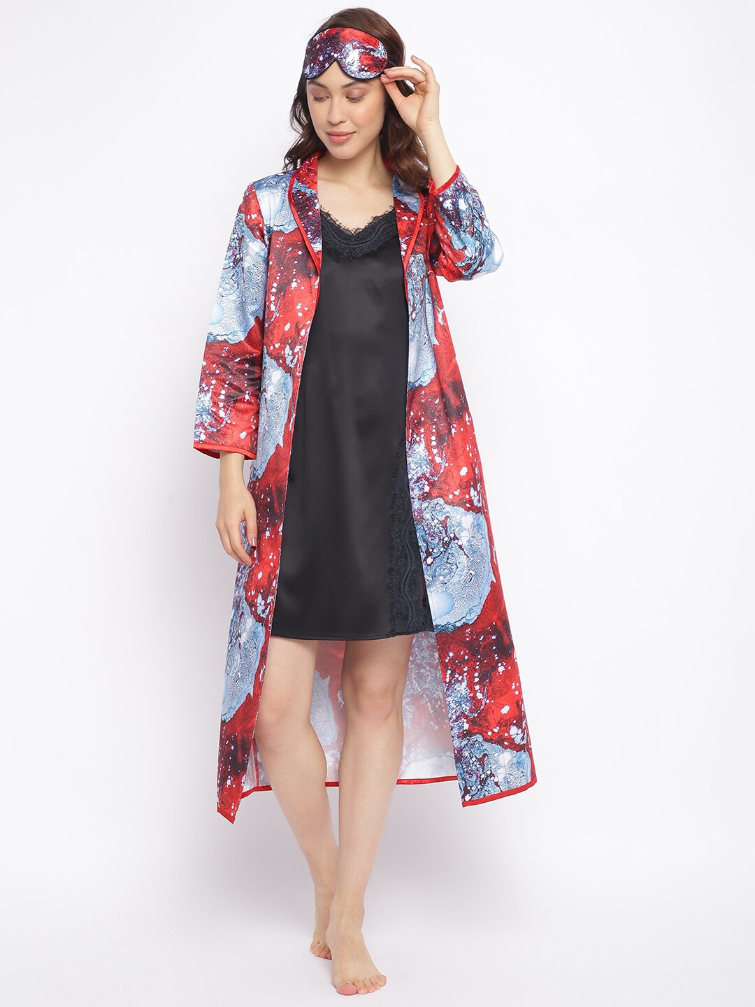 

DECOREALM Red & Black Satin Nightdress With Printed Robe