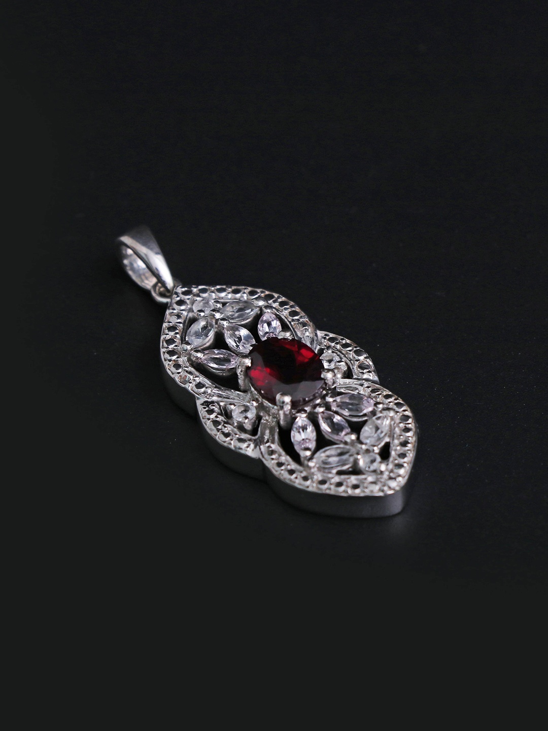 

HIFLYER JEWELS Women Rhodium-Plated White & Red Garnet-Studded Pendant, Silver