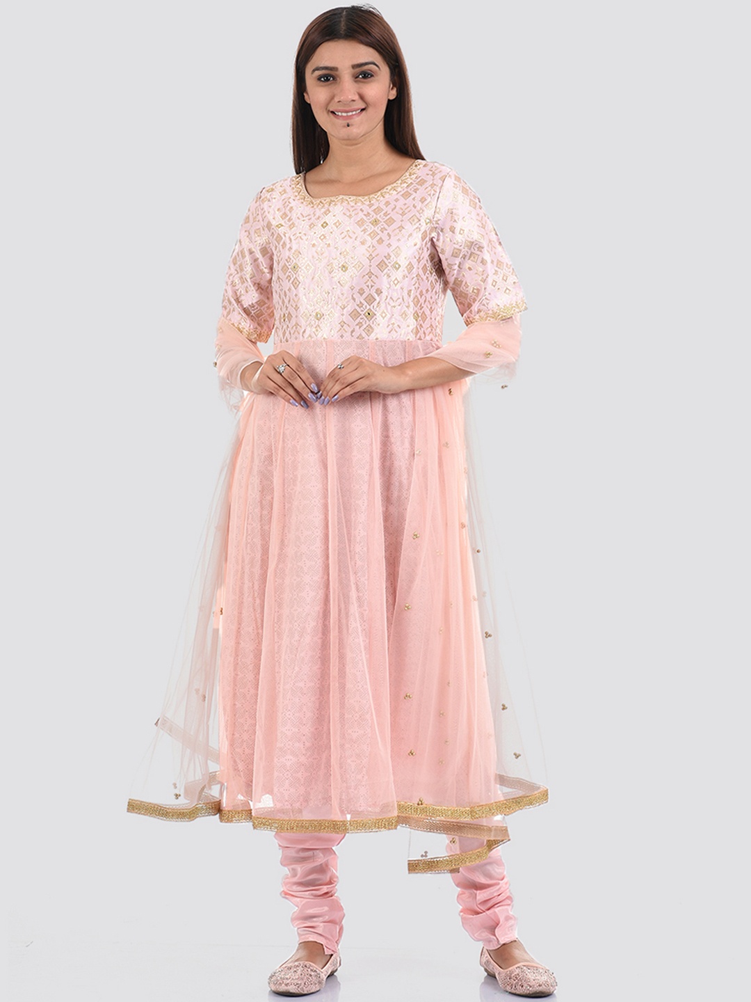 

Ethnicity Women Rose Gold Floral Embroidered Kurta with Churidar & With Dupatta