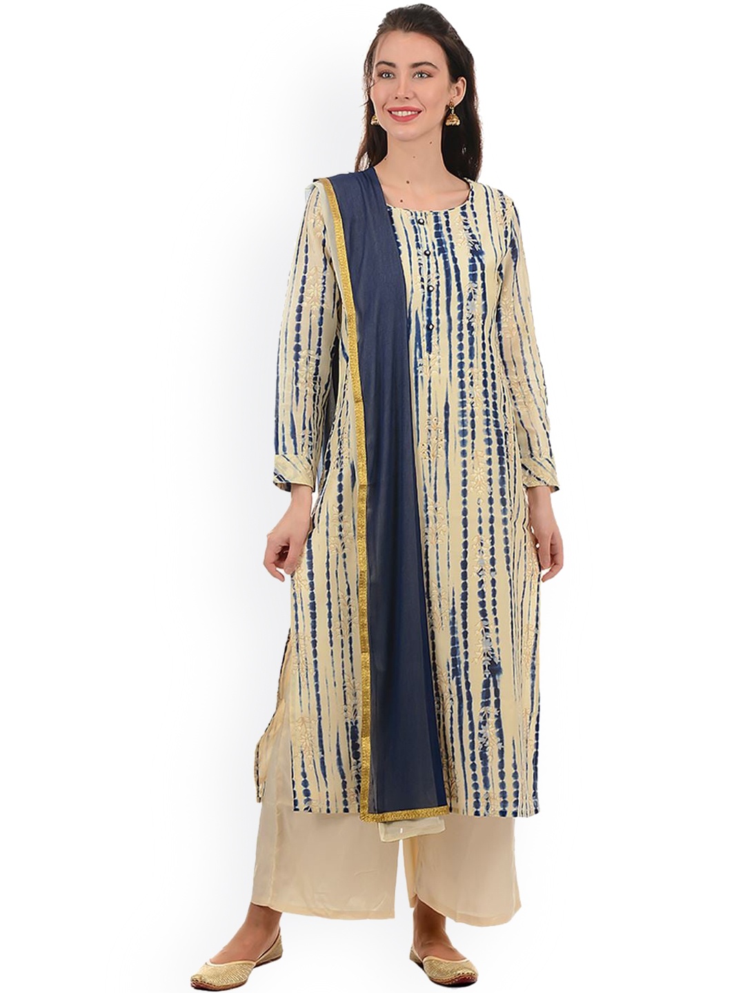 

Ethnicity Women Beige Tie & Dye Printed Kurta Set With Dupatta
