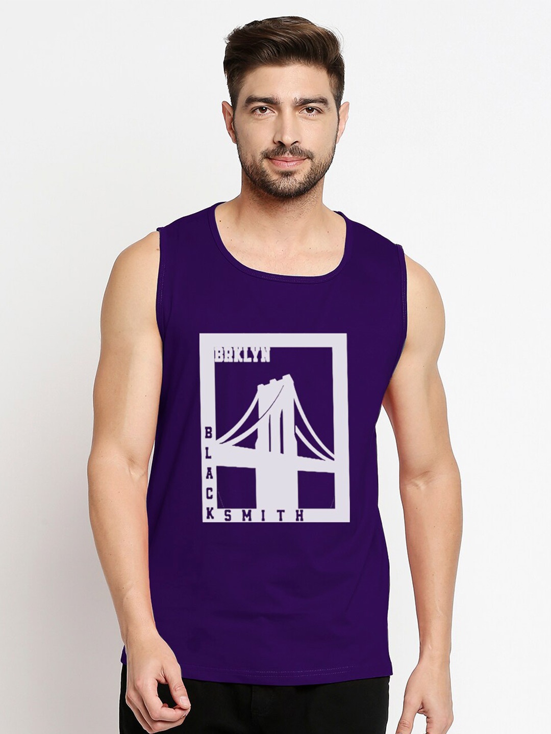 

Blacksmith Men Purple & White Printed Training or Gym Cotton Vest T-shirt