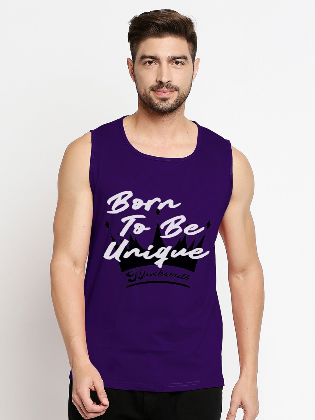 

Blacksmith Men Purple Printed Raw Edge Training or Gym T-shirt