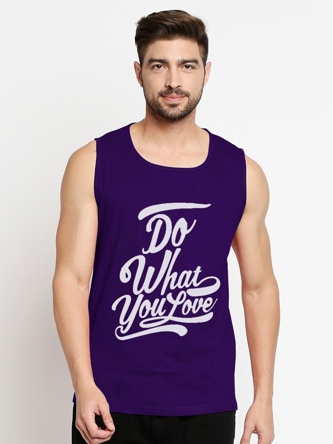 

Blacksmith Men Purple & White Typography Printed Training or Gym Cotton Vest T-shirt
