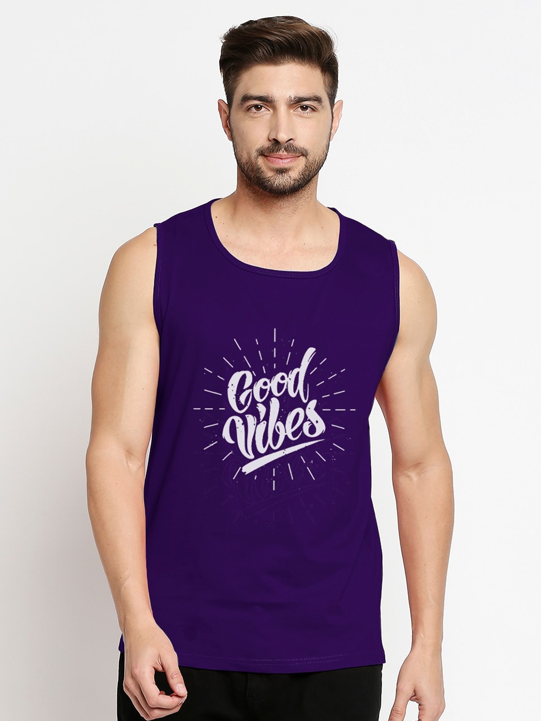 Blacksmith Men Purple & White Typography Printed Training or Gym Cotton Vest T-shirt