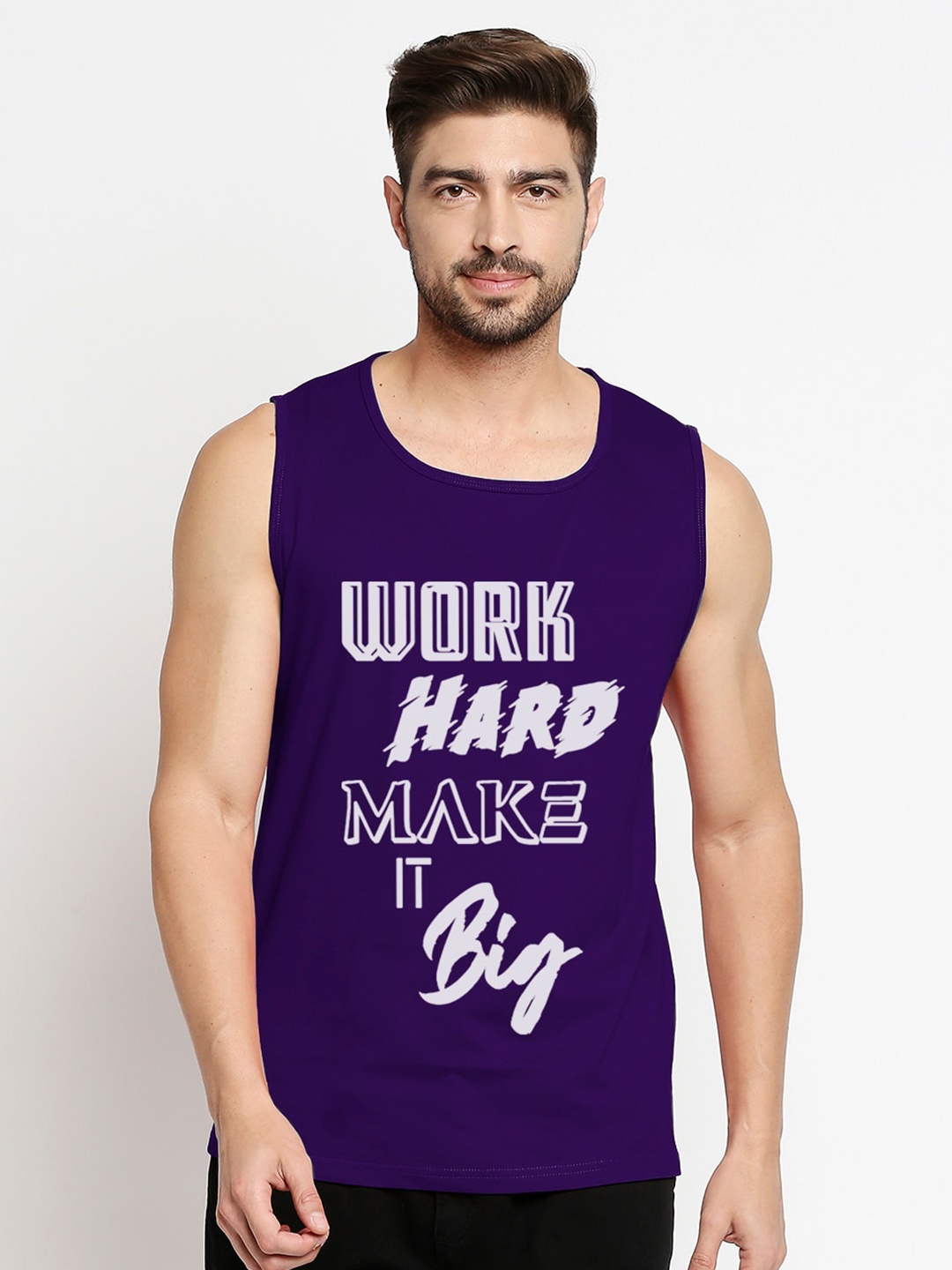 

Blacksmith Men Purple & White Typography Printed Training or Gym Cotton Vest T-shirt