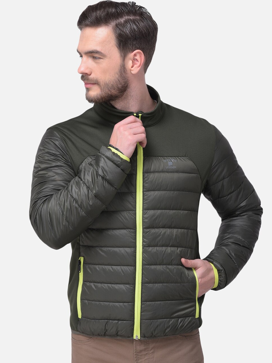 

Woodland Men Olive Green Striped Crop Quilted Jacket