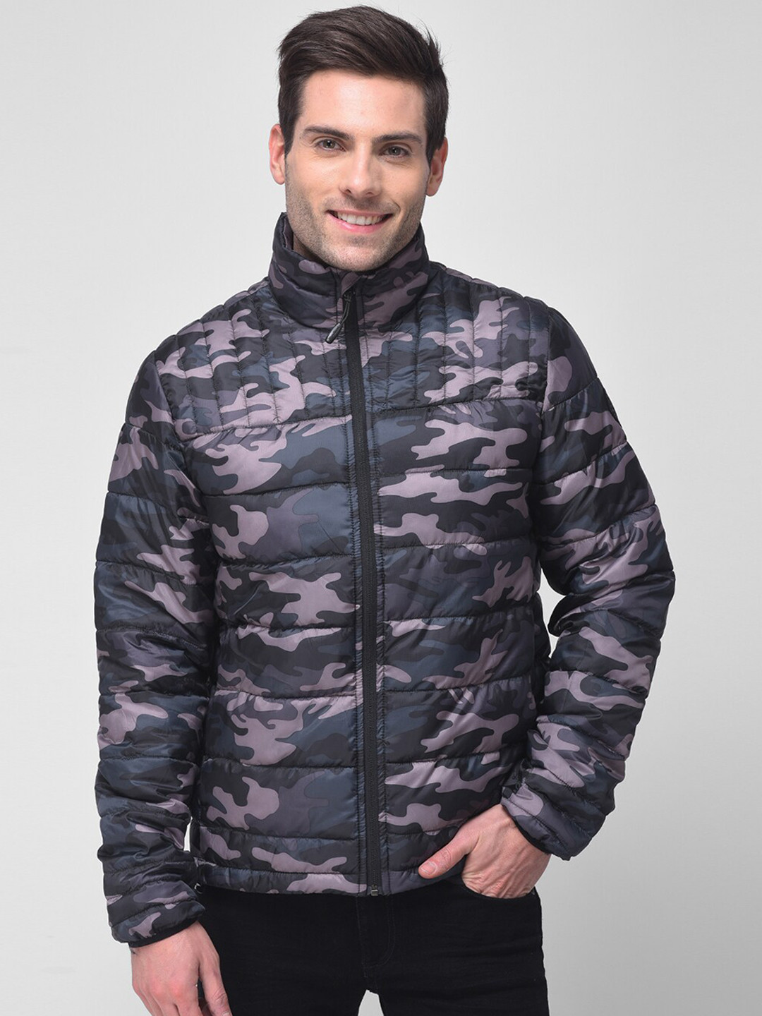 

Woodland Men Grey Purple Camouflage Padded Jacket