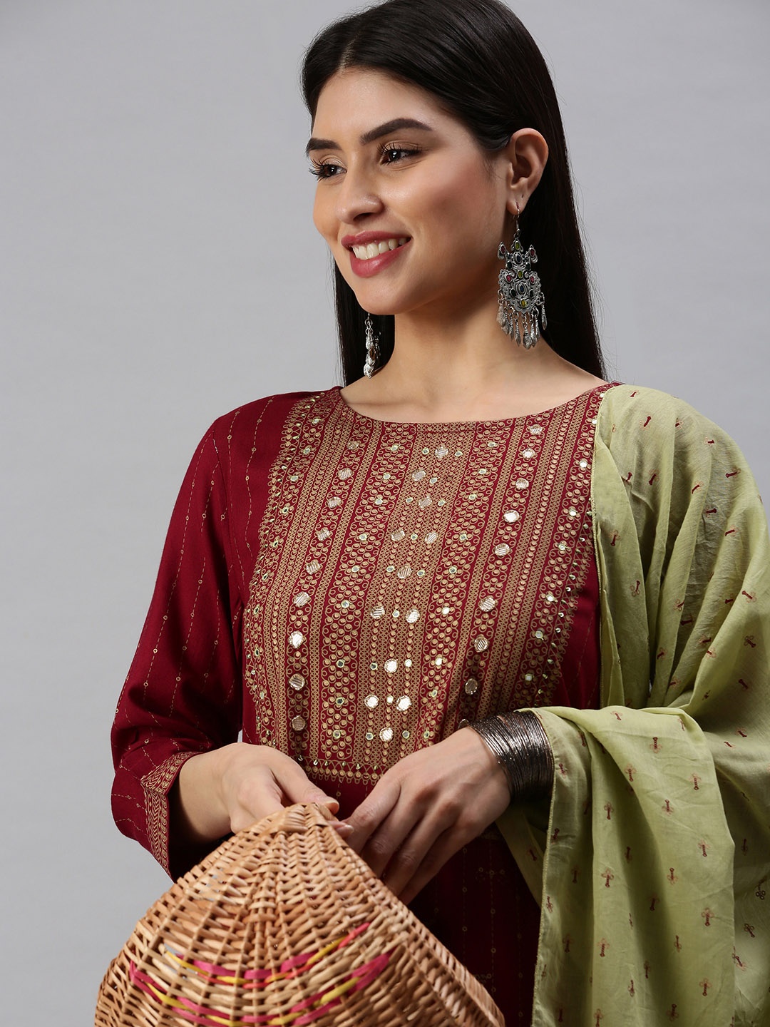 

SHOWOFF Women Maroon Ethnic Motifs Printed with Trousers & With Dupatta