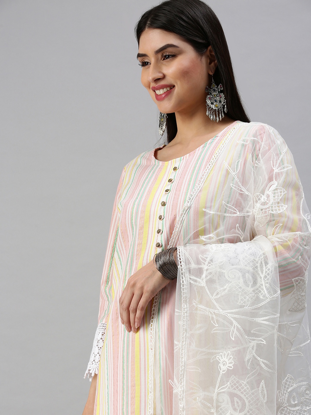 

SHOWOFF Women Multicoloured Striped Straight Kurta with Churidar & Dupatta, Multi
