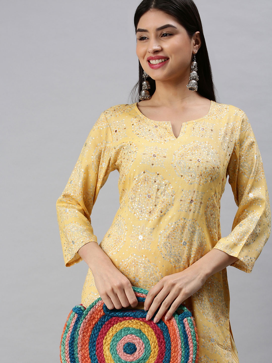 

SHOWOFF Women Yellow Bandhani Printed Round Neck Sequinned Straight Kurta with Trousers