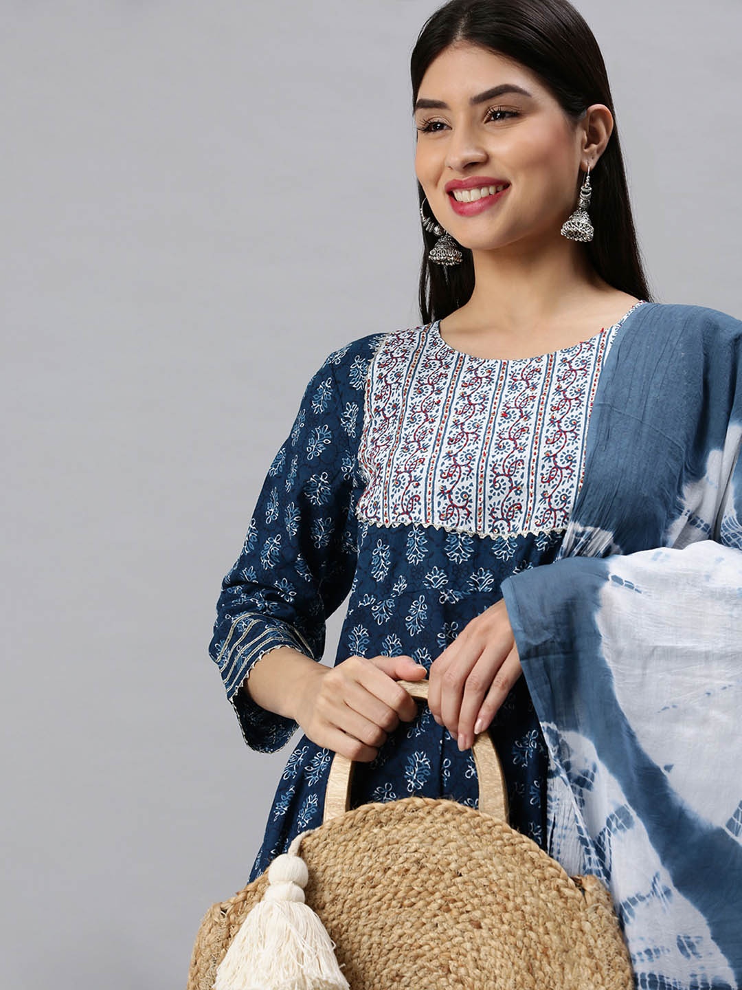 

SHOWOFF Women Blue Ethnic Motifs Printed Sequinned Kurta with Trousers & With Dupatta