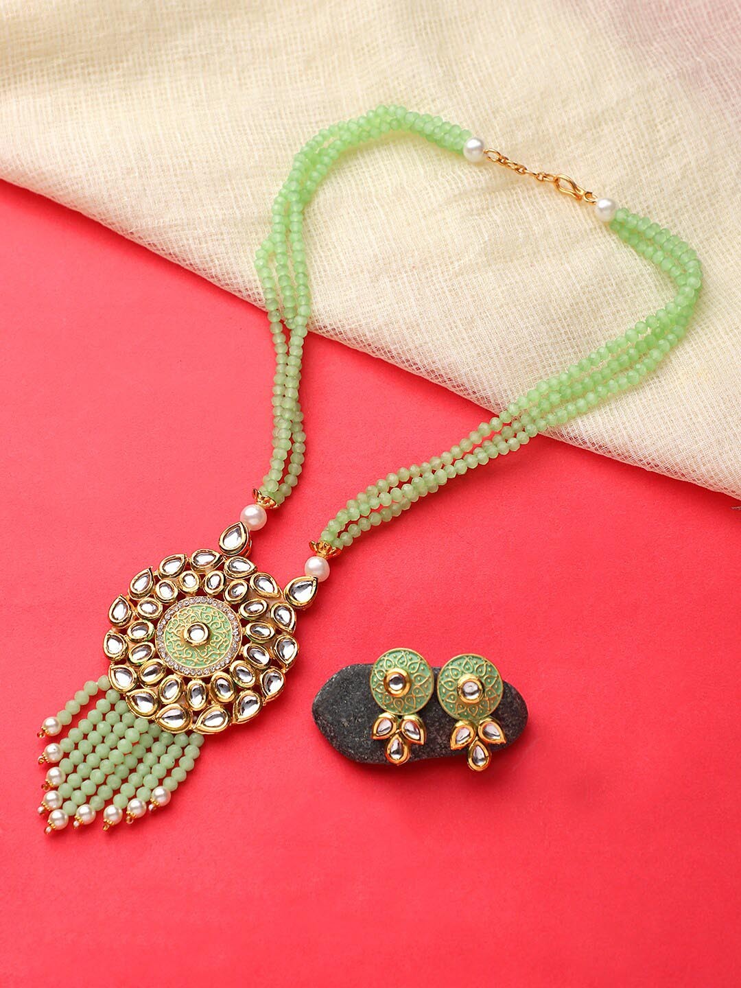 

STEORRA JEWELS Gold Plated & Green Beaded Jewellery Set