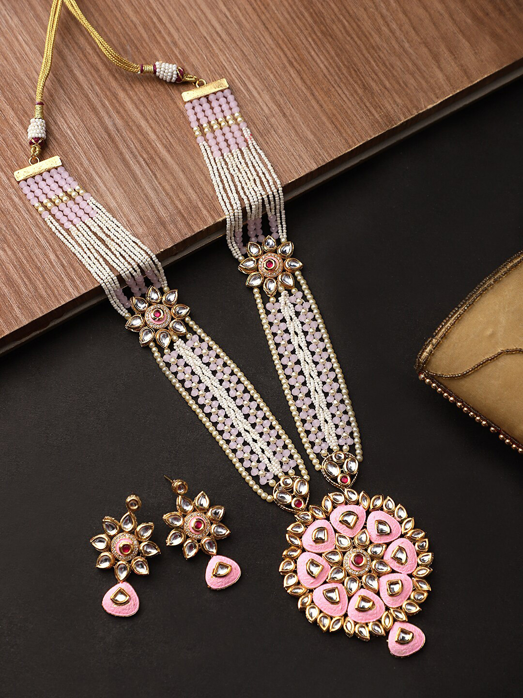

STEORRA JEWELS Women Gold-Plated & Pink Kundan Studded Long Necklace Jewellery Set